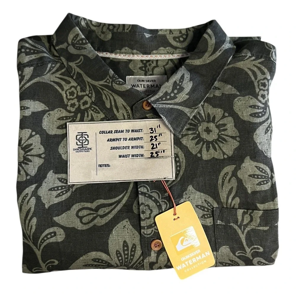 NWT Quiksilver Waterman Shirt S/S Mens 2XL Linen‎ Green Floral Paisley MSRP $65